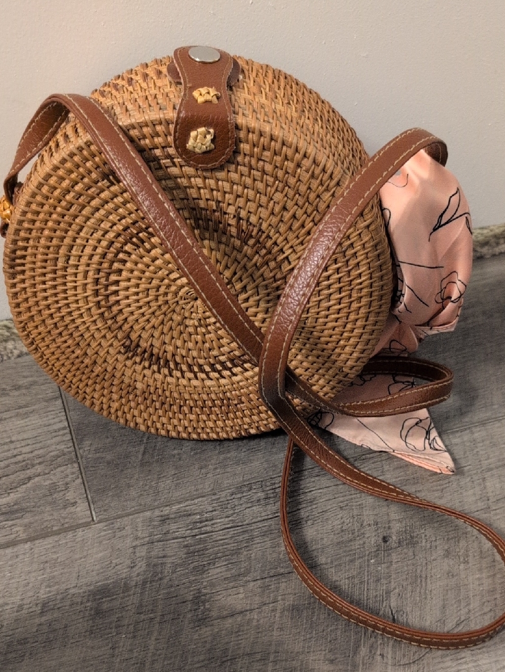 Woven Round Crossbody Rattan Bag in Brown with Pink Scarf